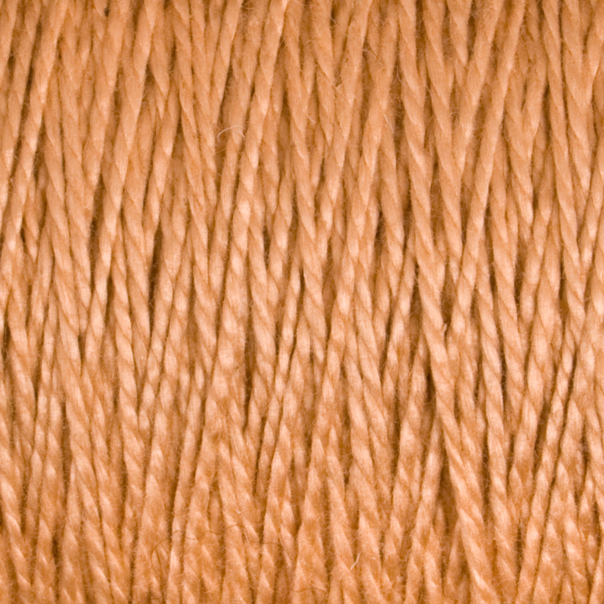 Close-up image of multiple strands of light brown or tan-colored 3/2 Pearl Cotton Yarn from Supreme Corp. The yarn on the mini-cone is uniformly aligned vertically, with a clear texture showing the intertwined fibers, giving a sense of softness and warmth.