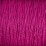 Close-up image of tightly wound, vibrant magenta-colored 3/2 Pearl Cotton Yarn by Supreme Corp on a large cone, with visible texture and strands. The mercerized cotton yarn appears smooth and slightly glossy, showcasing a rich, consistent hue.