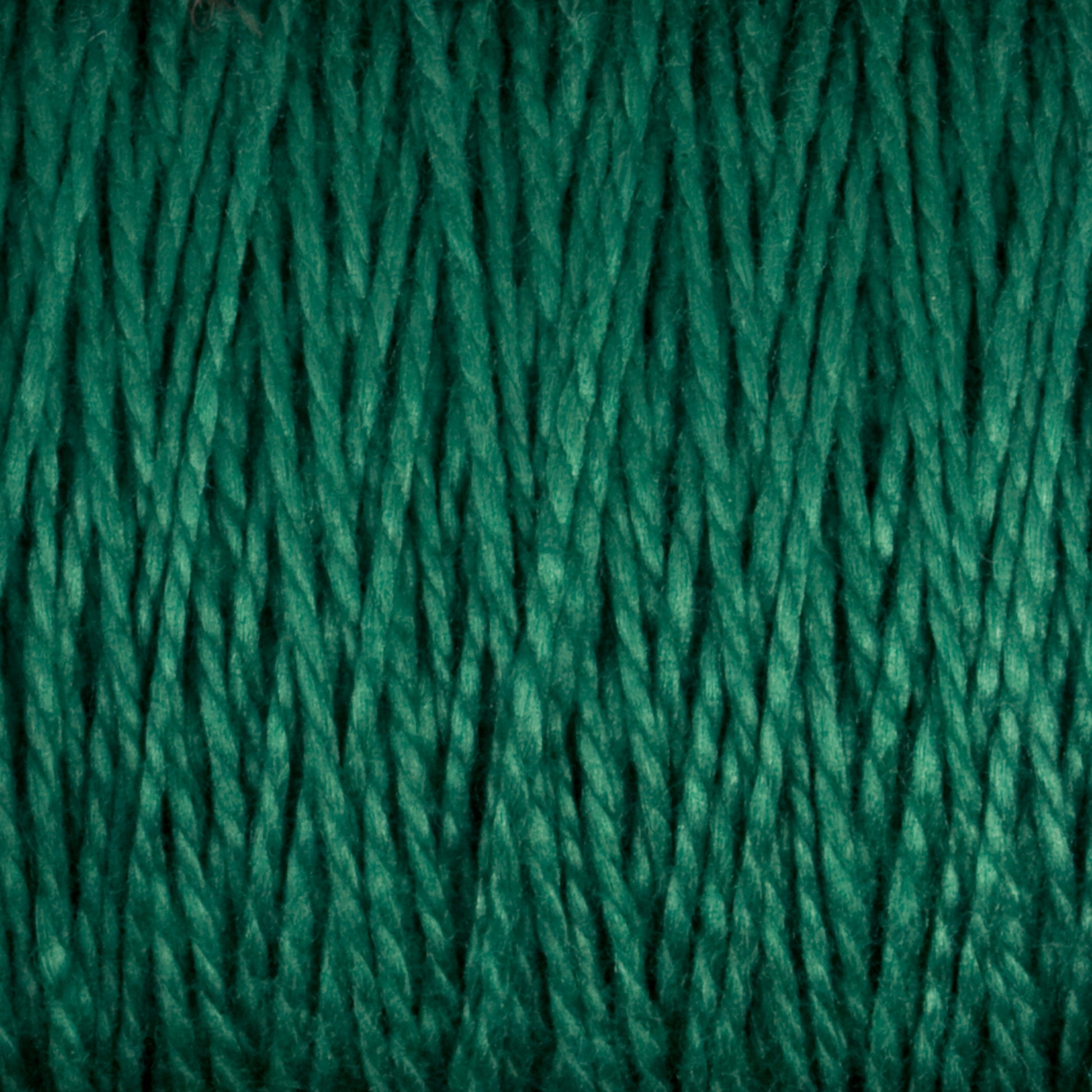 Close-up image of the 3/2 Pearl Cotton Yarn from Supreme Corp, tightly wound and highlighting its texture and fibers. The yarn is uniformly colored in a vibrant shade of green, suggesting a high-quality blend that might include versatile or mercerized cotton properties.