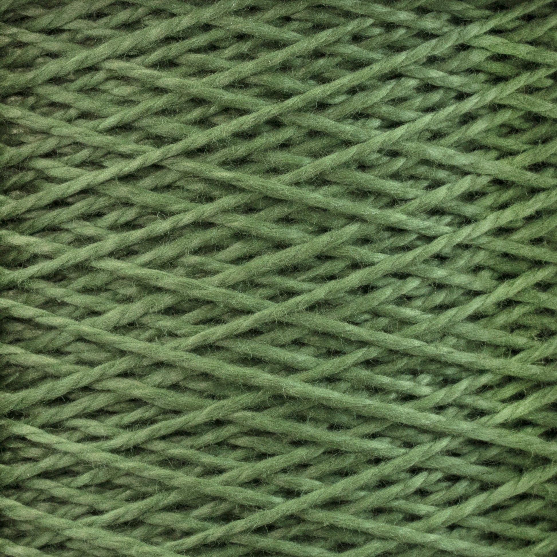 A close-up image of Supreme Corp 3/2 Pearl Cotton Yarn on a large cone, intricately wound in diagonal criss-cross patterns, showcasing a detailed texture. The yarn fibers appear soft and slightly fuzzy with varying shades of green, adding depth to the overall color. This versatile yarn is perfect for various crafting projects.