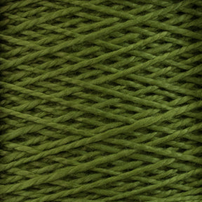 Close-up image of Supreme Corp's 3/2 Pearl Cotton Yarn in green, showcased on a mini-cone. The tightly wound strands feature a criss-cross pattern, and the yarn's texture looks soft and slightly fuzzy with a uniform and consistent color throughout.