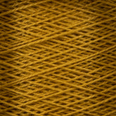 Close-up image of vibrant, orange-yellow 5/2 Pearl Cotton Yarn from Supreme Corp, wound tightly in a crisscross pattern, creating a textured, intricate surface. The yarn strands overlap and intersect on the large cone, producing a detailed, woven appearance.