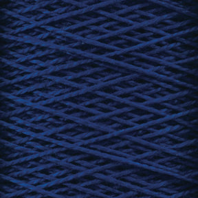 Close-up view of a spool of dark blue 5/2 Pearl Cotton Yarn from Supreme Corp. The tightly wound threads on the large cone form a crisscross pattern, creating an intricate texture. The image highlights the fibers and details of this versatile yarn.