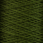 Close-up of tightly wound, 5/2 Pearl Cotton Yarn from Supreme Corp. The overlapping strands create a crisscross pattern. The texture appears soft and slightly fuzzy, with a rich, deep green color. This versatile yarn is ideal for various crafting projects and comes in a large cone.