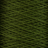 Close-up of green 5/2 Pearl Cotton Yarn from Supreme Corp wrapped around a mini-cone. The yarn strands create a crisscross pattern, showcasing the texture and thickness of the mercerized cotton material. The overall color is a rich, deep green—perfect for weaving projects.