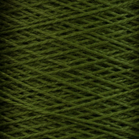 Close-up of green 5/2 Pearl Cotton Yarn from Supreme Corp wrapped around a mini-cone. The yarn strands create a crisscross pattern, showcasing the texture and thickness of the mercerized cotton material. The overall color is a rich, deep green—perfect for weaving projects.