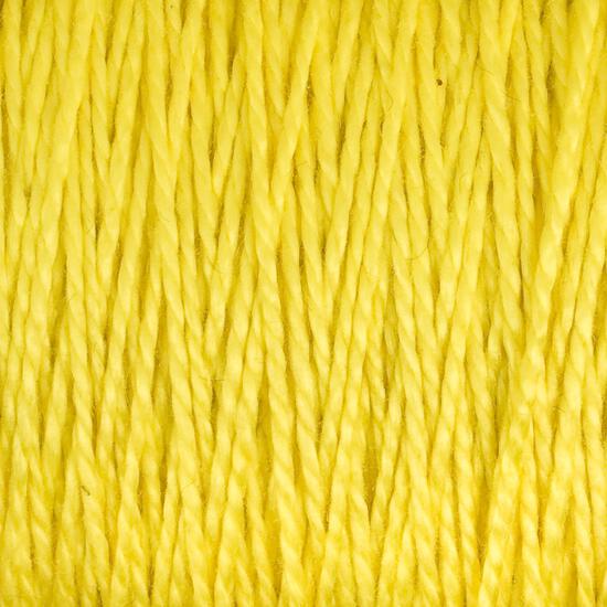 A close-up of the vibrant yellow 5/2 Pearl Cotton Yarn from Supreme Corp. The yarn is tightly wound and displays a slightly glossy texture. The fibers are consistent in thickness, providing a uniform appearance across the image. This versatile yarn on the large cone is perfect for various crafting projects.