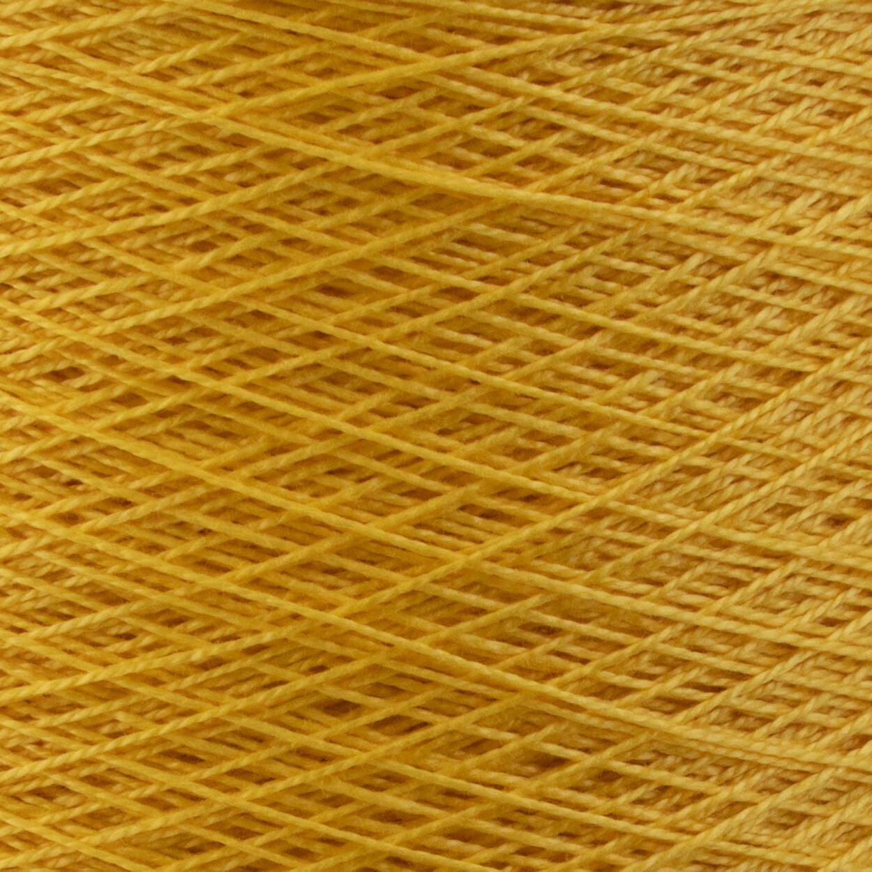 Close-up image of a spool of yellow 10/2 Pearl Cotton Yarn from Supreme Corp., showing intricate crisscrossing threads in a tightly wound pattern. The texture is uniformly smooth, and the vibrant colorfast quality of the versatile yarn is consistent throughout the image.