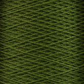 Close-up image of a spool of Supreme Corp.'s 10/2 Pearl Cotton Yarn in green, showcasing tightly wound threads that form a crisscross pattern. The colorfast yarn exhibits uniform coloring, with neatly aligned strands.