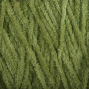 Close-up image of green, fuzzy strands of Halcyon Yarn's Casco Bay Cotton Chenille | Large Cone intertwined and wrapped tightly together. The texture appears soft and plush, with slight variations in the shades of green. The yarn is arranged in a way that highlights its detailed and fibrous texture.