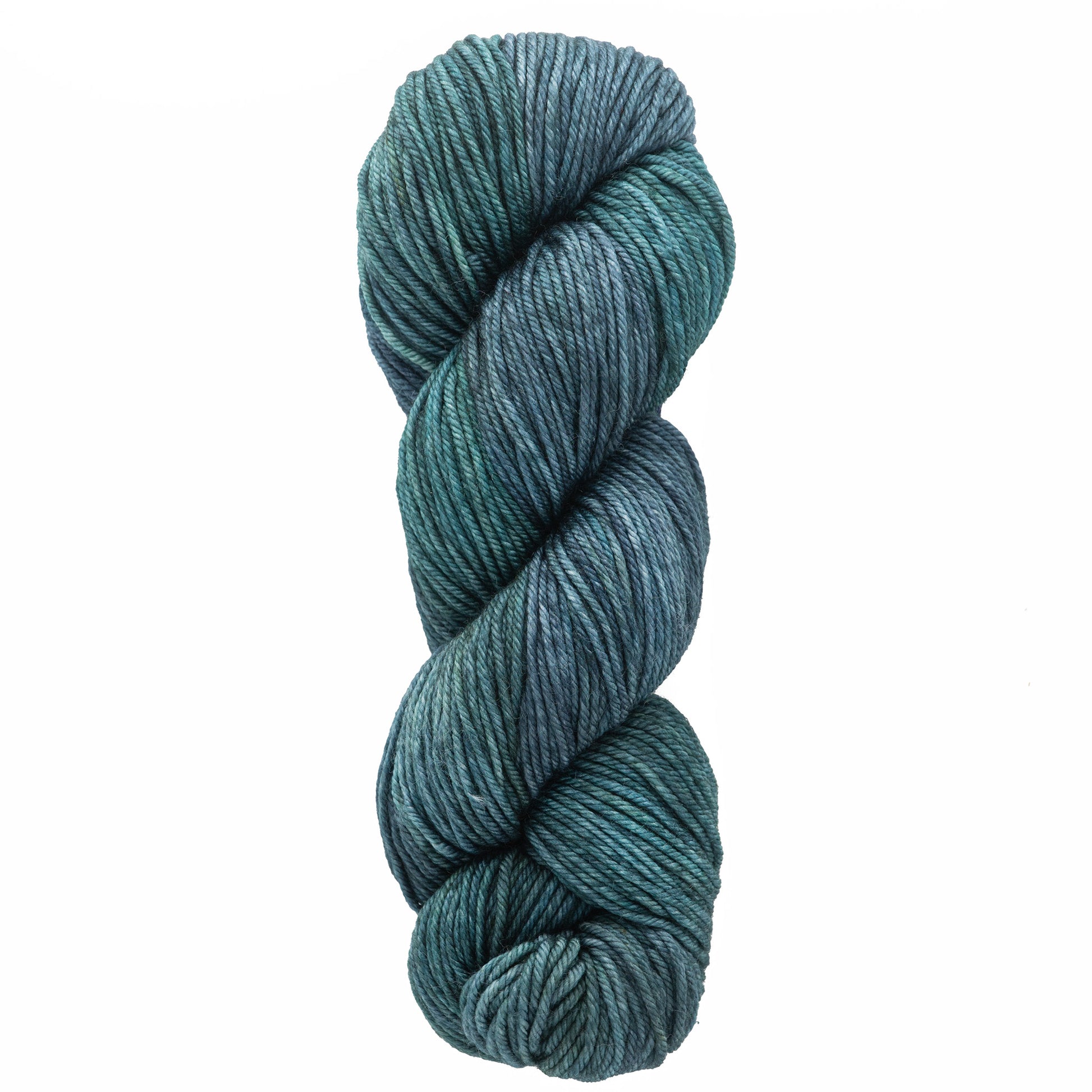 A skein of Malabrigo Rios by Malabrigo Yarn, featuring tightly twisted Merino yarn in luxurious kettle-dyed shades of teal and blue.