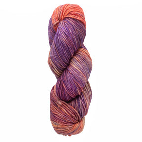 A twisted skein of Malabrigo Rios yarn by Malabrigo Yarn, featuring variegated shades of purple, orange, and pink, displayed against a white background.