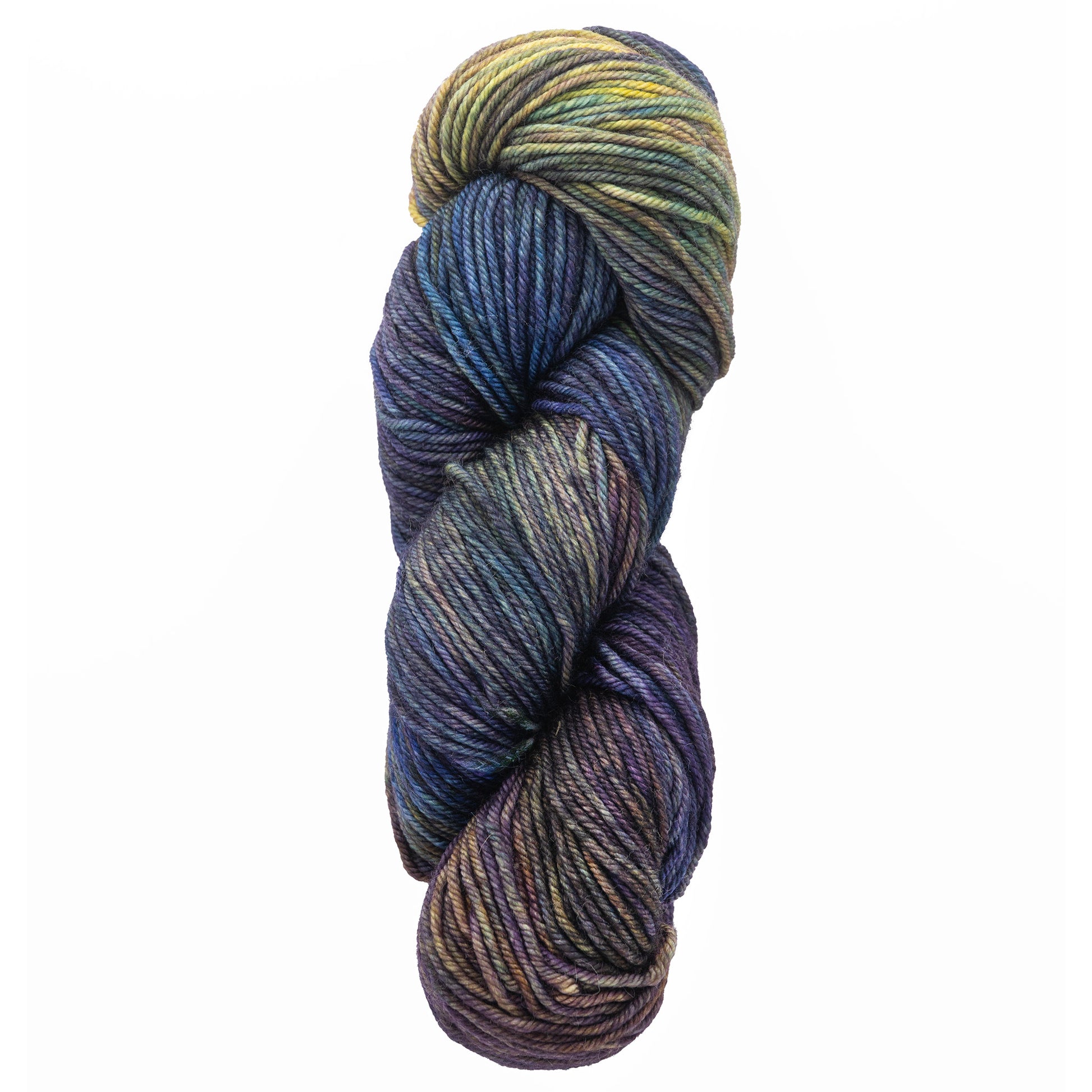 A twisted skein of Malabrigo Rios superwash yarn from Malabrigo Yarn, featuring multicolored shades of blue, green, yellow, and purple against a white background. The texture appears soft, with a smooth and shiny finish.