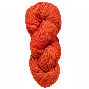 A skein of vibrant orange Malabrigo Rios yarn from Malabrigo Yarn twisted into a coil, displayed against a plain white background.