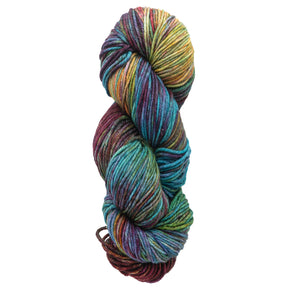 A skein of Malabrigo Yarn's Rios superwash yarn, elegantly twisted into a neat coil, showcases kettle-dyed hues in blue, green, purple, red, yellow, and orange.