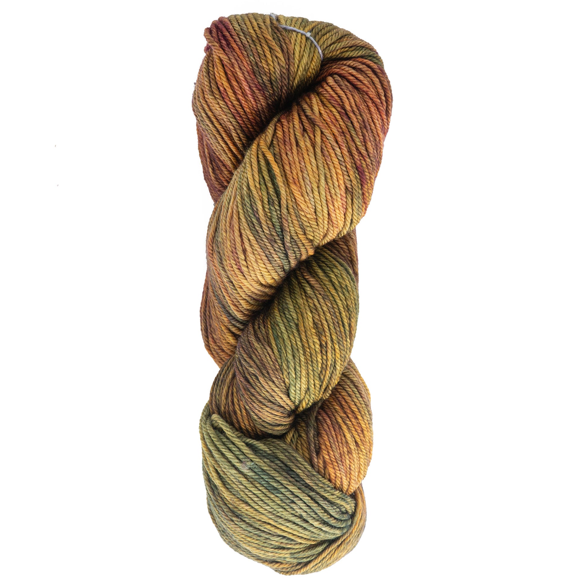 A skein of Malabrigo Rios by Malabrigo Yarn is twisted neatly, featuring variegated shades of green, brown, and orange. The texture appears soft, showcasing a blend of autumn-inspired hues. This superwash yarn is perfect for cozy creations that capture the essence of fall.