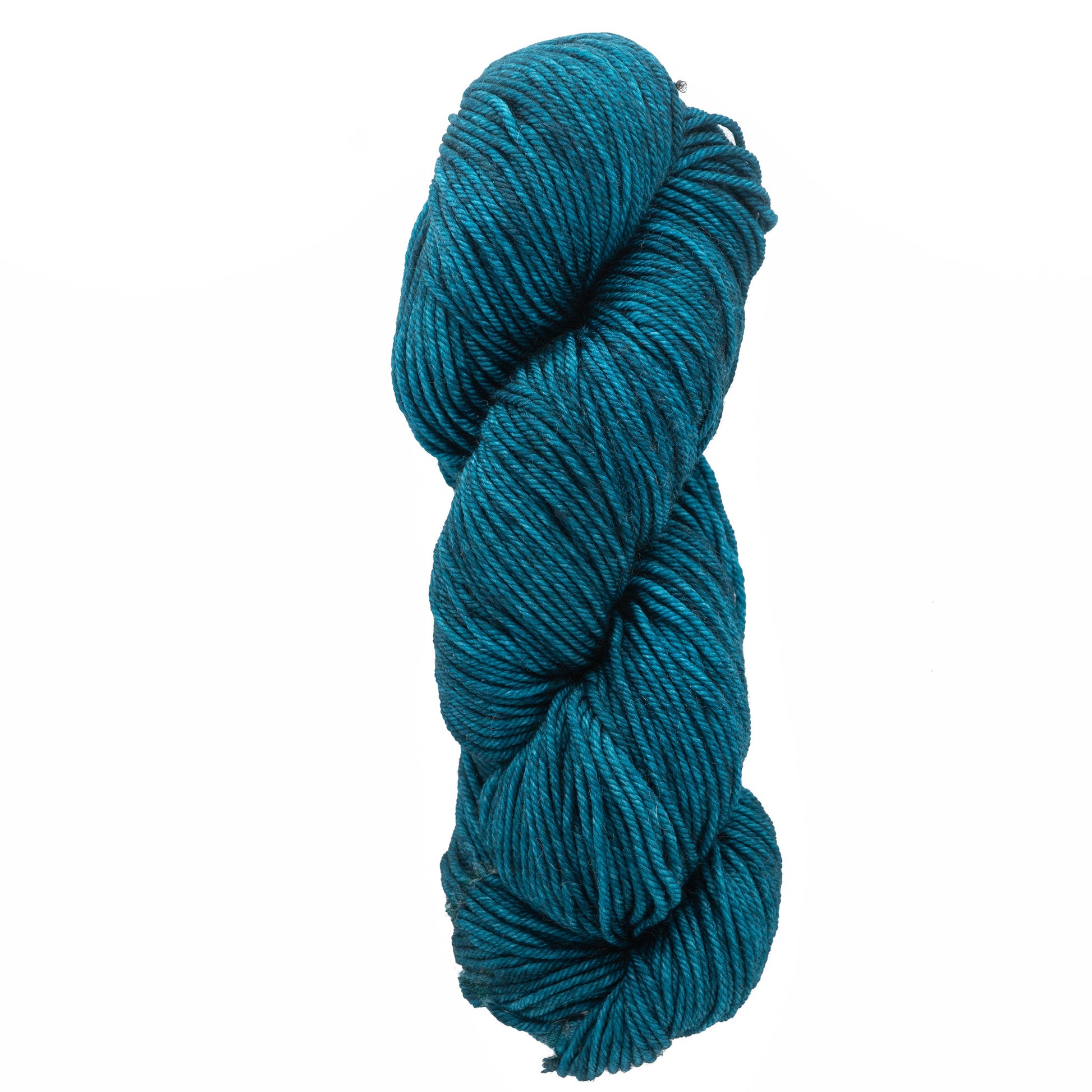 A skein of Malabrigo Rios by Malabrigo Yarn, featuring superwash merino yarn in a kettle-dyed teal color set against a white background.