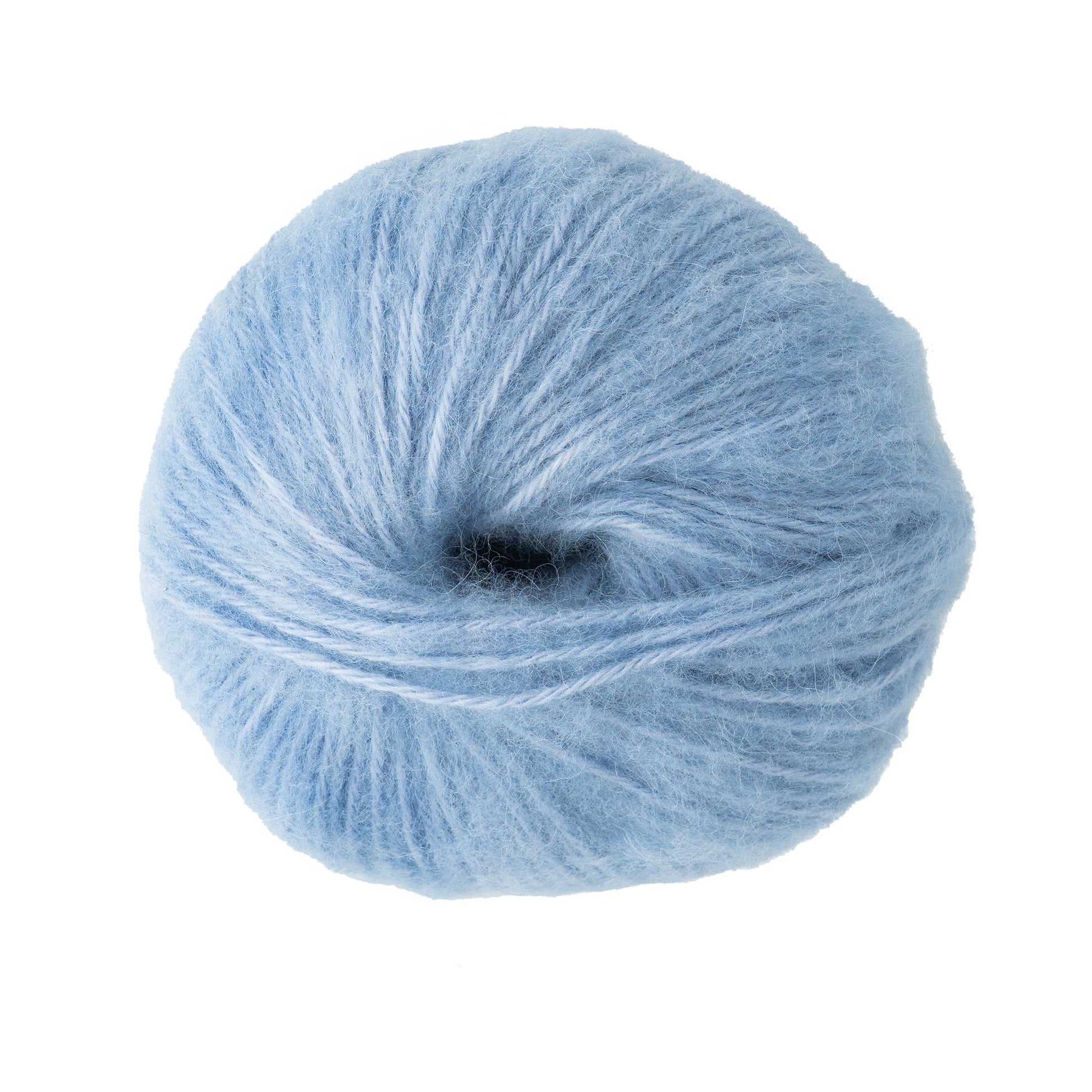 The Plymouth Baby Alpaca Brush yarn by Plymouth Yarn Co. is a ball of soft, fluffy light blue yarn with a luxurious halo, set against a white background.