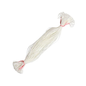 A bundle of Glimakra Texsolv Heddles, reminiscent of delicate polyester string heddles, is tied at both ends with small red bands and displayed against a plain white background. The heddles are neatly gathered, forming looped ends on either side, evoking the image of a continuous chain.