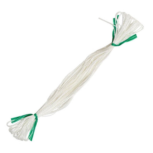 A bundle of Glimakra Texsolv Heddles, with both ends secured by green and white ties, laying on a white background.