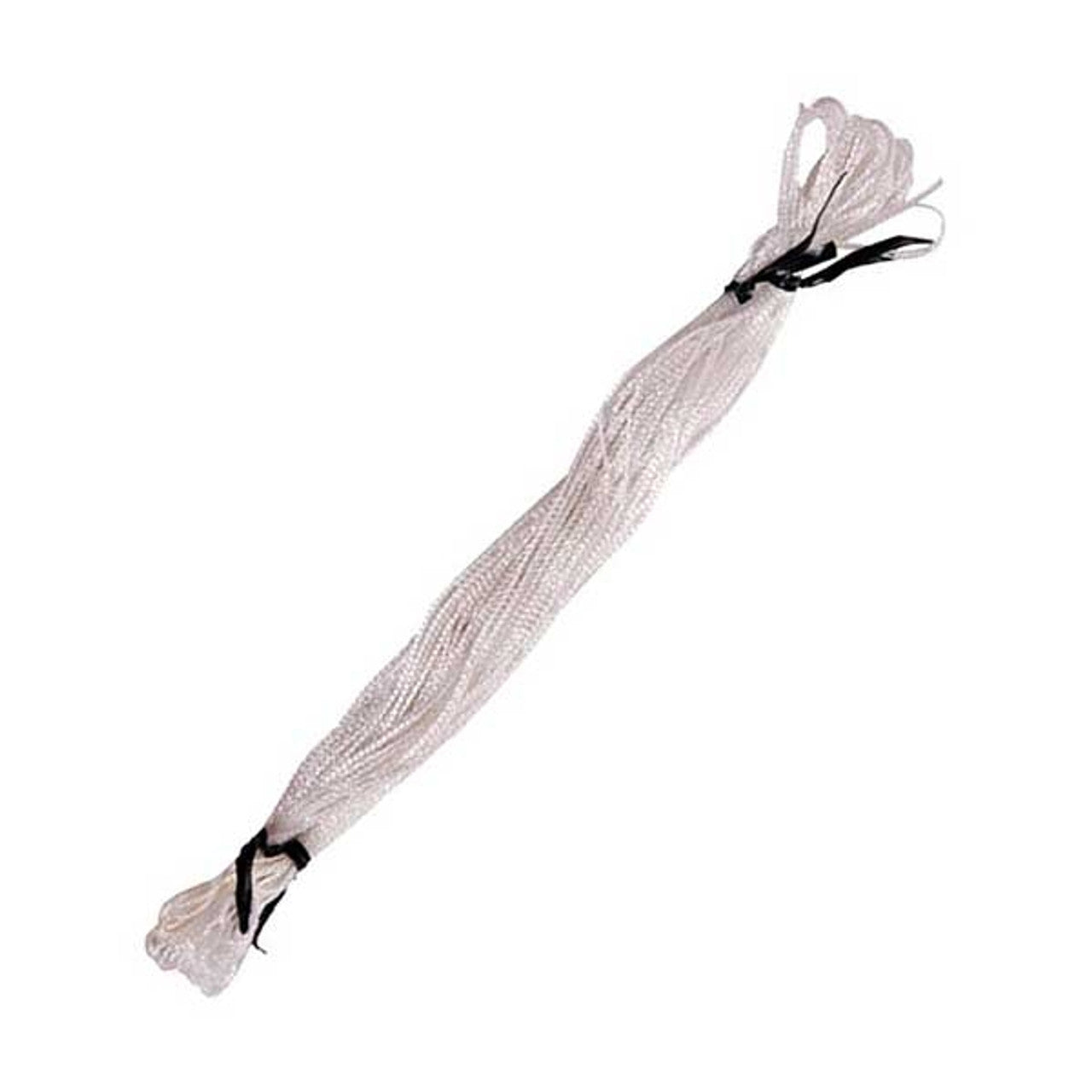 A bundle of Glimakra Texsolv Heddles tied at both ends with black ties, displayed on a plain white background. The heddles are coiled into a long, thin, cylindrical shape reminiscent of polyester string used in warp weaving.