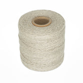 A spool of Soft Finish Linen Warps by Stuart C. Hurlbert & Co., featuring beige twine wound tightly and uniformly around a cylindrical cardboard core, set against a plain white background; ideal for tapestry weaving or creating linen warps for intricate designs.