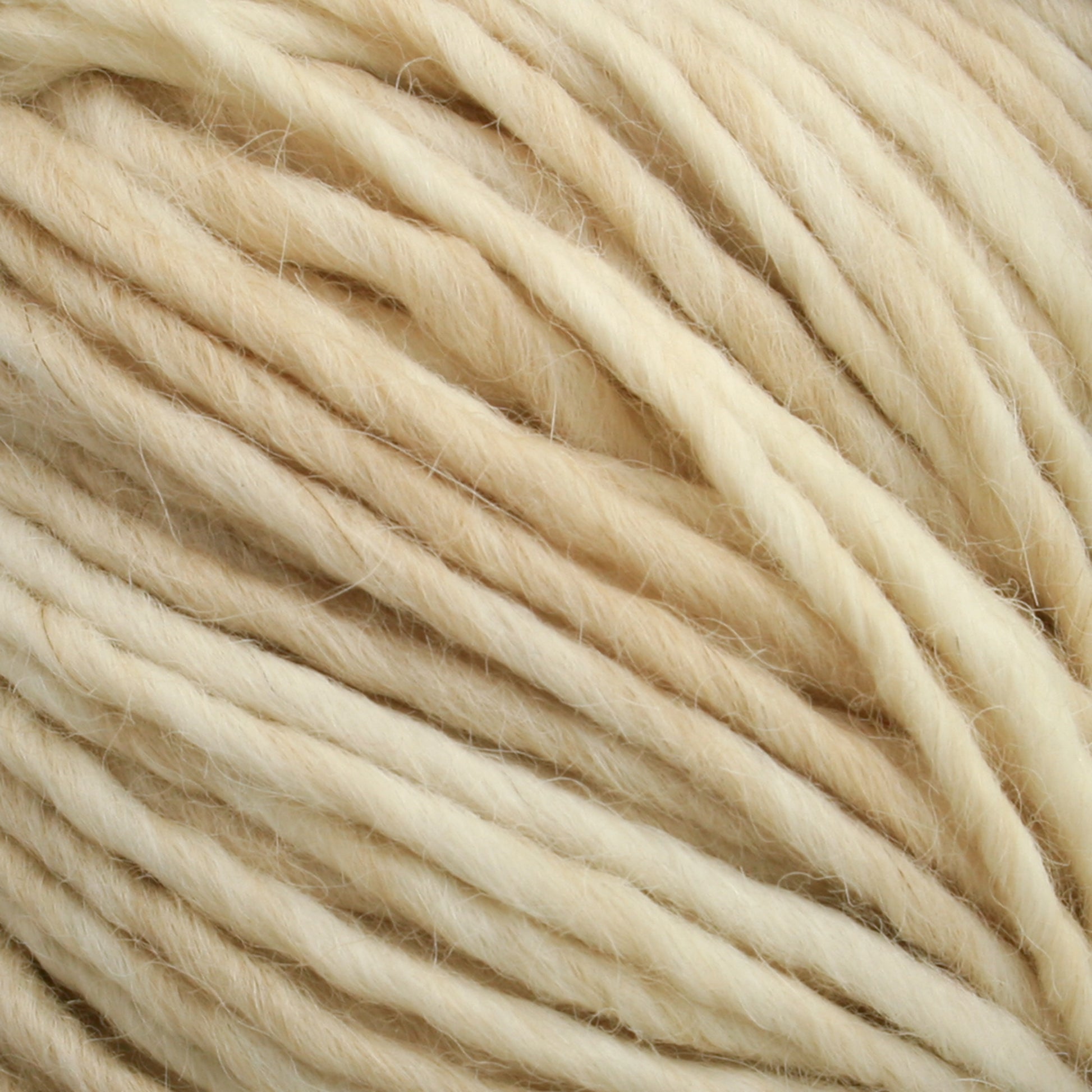 Close-up of soft, cream-colored Cascade Eco Duo Baby Alpaca and Merino Yarn strands tightly wound together. The texture appears smooth and slightly fluffy, indicating a cozy material suitable for knitting or crocheting projects. This yarn from Cascade Yarns is consistent in thickness and color, showcasing beautiful natural hues.