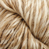 Close-up of a skein of Cascade Eco Duo Baby Alpaca and Merino Yarn by Cascade Yarns, showcasing variegated natural colors with shades of beige, tan, and cream intertwined together. The baby alpaca merino blend fibers appear soft and slightly fuzzy, offering a warm and cozy texture.