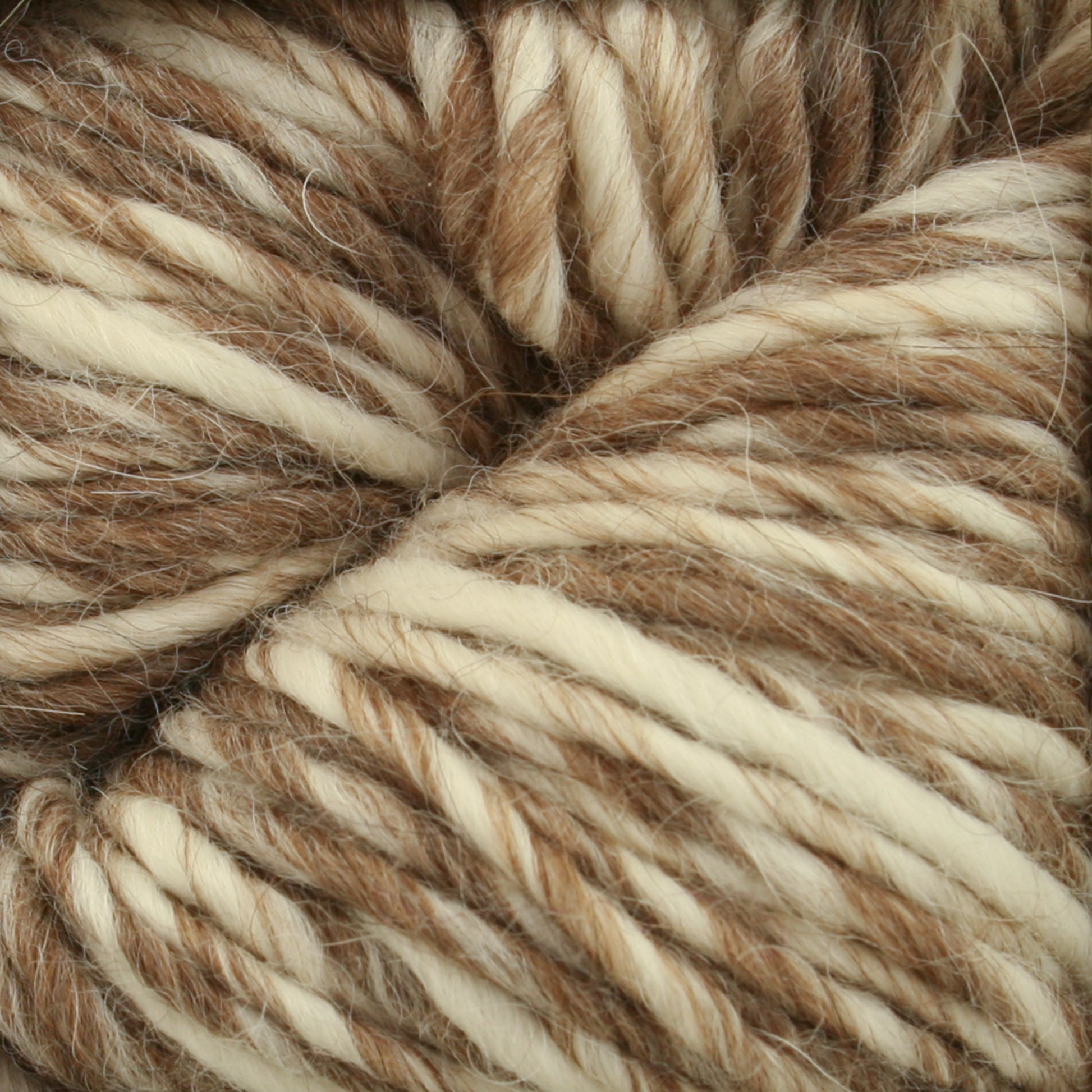 Close-up of thick, intertwined yarn in various shades of brown and cream, showcasing a textured, woolen appearance. The fibers of this Cascade Eco Duo Baby Alpaca and Merino Yarn from Cascade Yarns look soft and slightly fuzzy, with the strands tightly twisted together in natural colors.