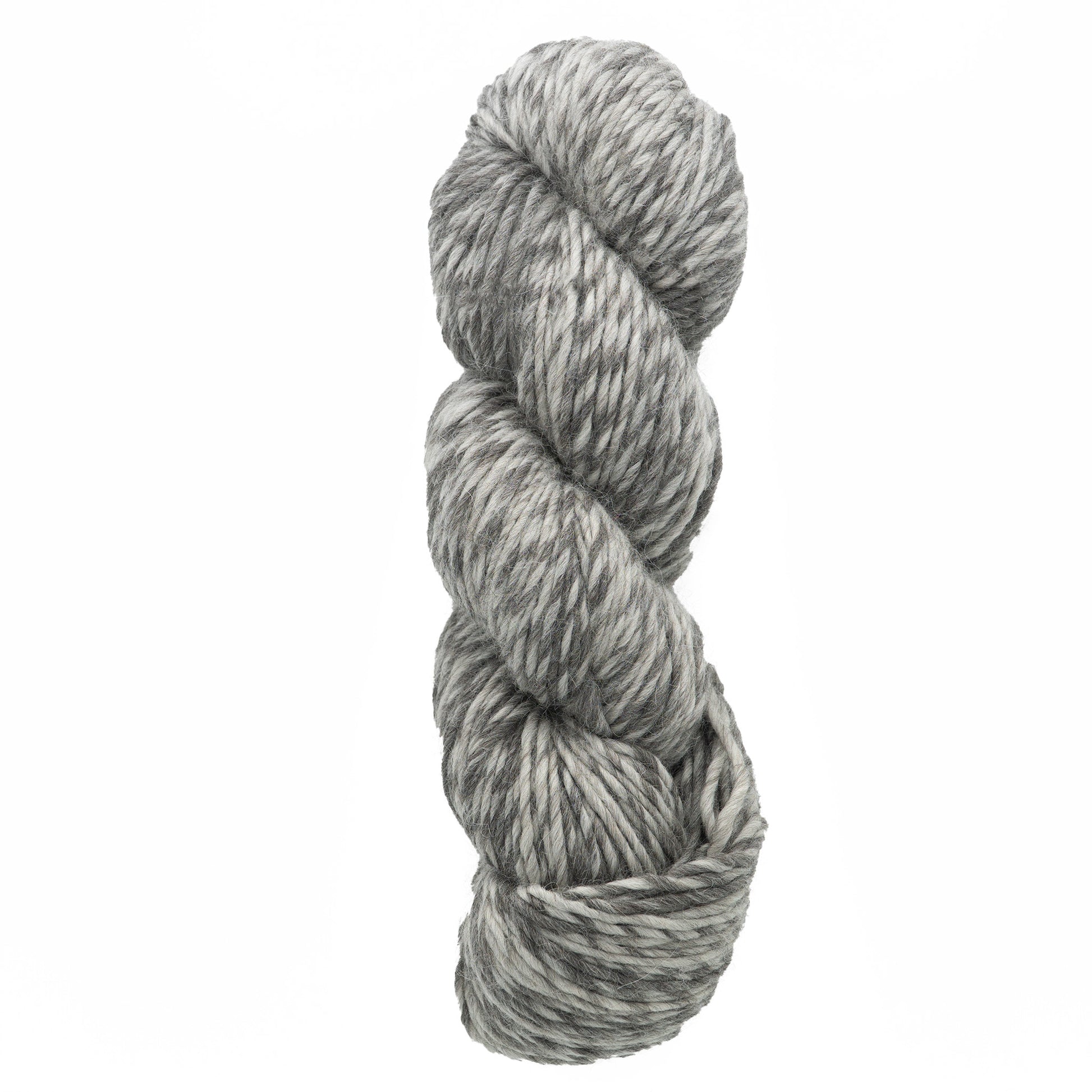 A skein of Cascade Eco Duo Baby Alpaca and Merino Yarn by Cascade Yarns, coiled and neatly twisted against a plain white background. The yarn showcases a subtle blend of light and dark gray tones, emphasizing its texture and thickness, and exuding the natural elegance of these rich fibers.