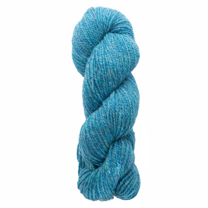 A skein of Bartlettyarns Maine Wool Yarn in blue twisted into a loose spiral. This worsted weight yarn from Bartlettyarns has a soft texture and a slight heathered appearance, with subtle variations in shade that add depth to its overall color.