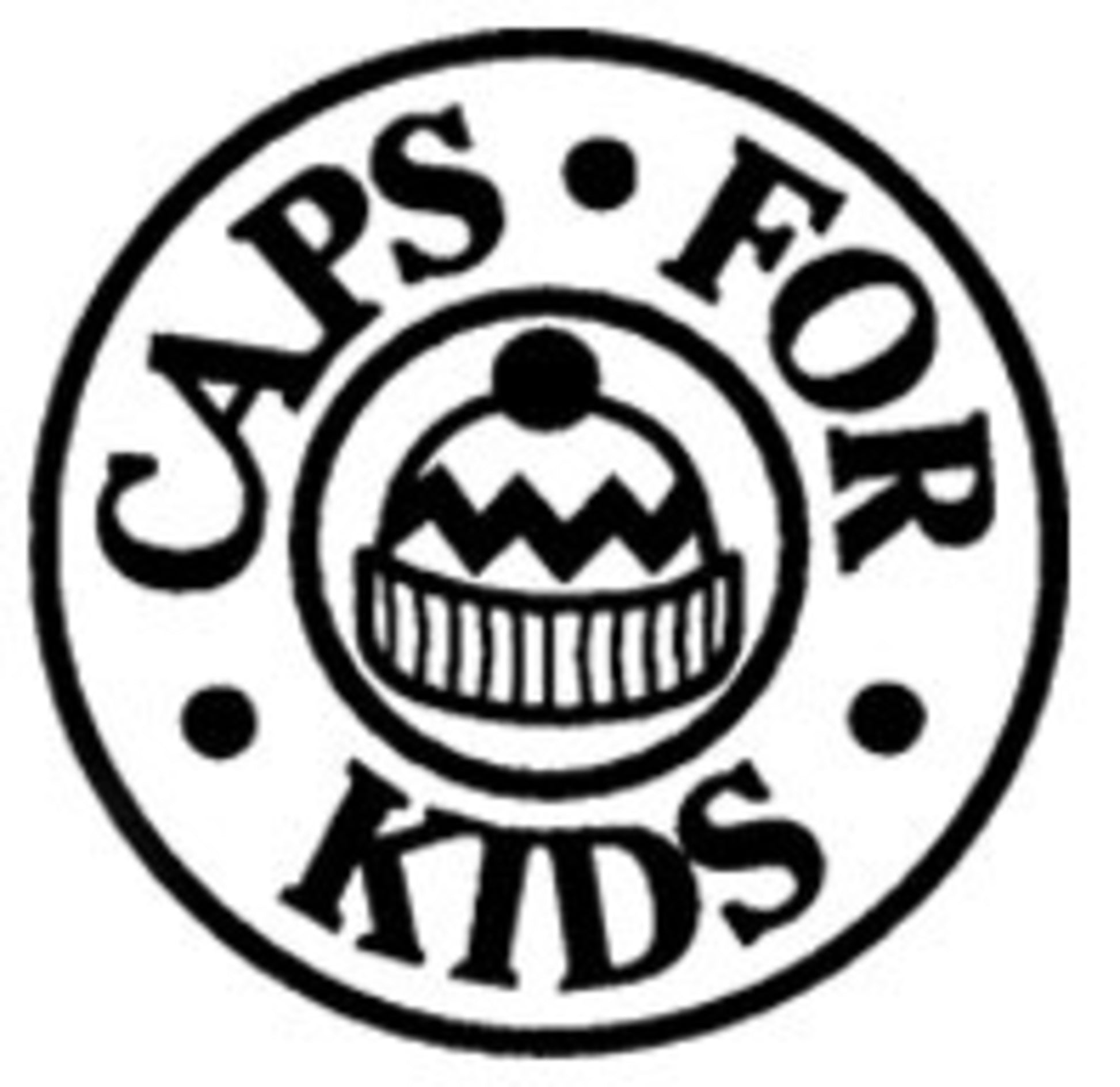 A circular logo features the text "Caps for Kids" around the edge. In the center is an illustration of Halcyon Yarn's Cozy Kiddos Hat, complete with a pom-pom on top, and crafted from worsted or bulky yarn. The design is rendered in black and white.