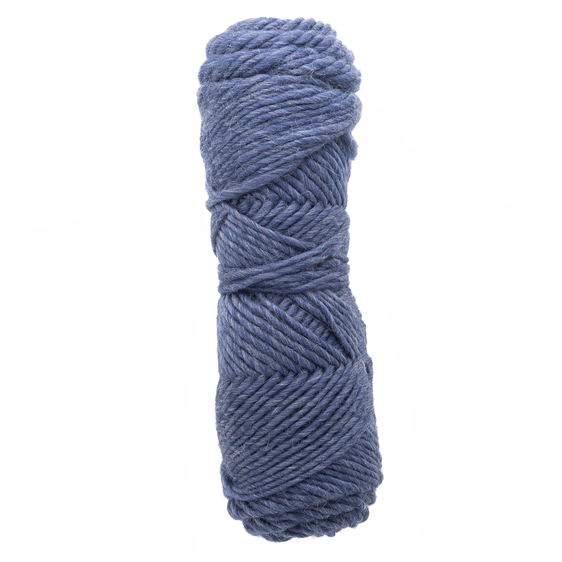 A single skein of Brown Sheep's Lamb's Pride Bulky Yarn in blue, rolled and neatly wound into a compact, cylindrical shape. The yarn boasts a soft texture and even thickness, with a subtle sheen. Perfect for knitters and crocheters, the background is plain white, making the Lamb's Pride Bulky Yarn the focal point of the image.