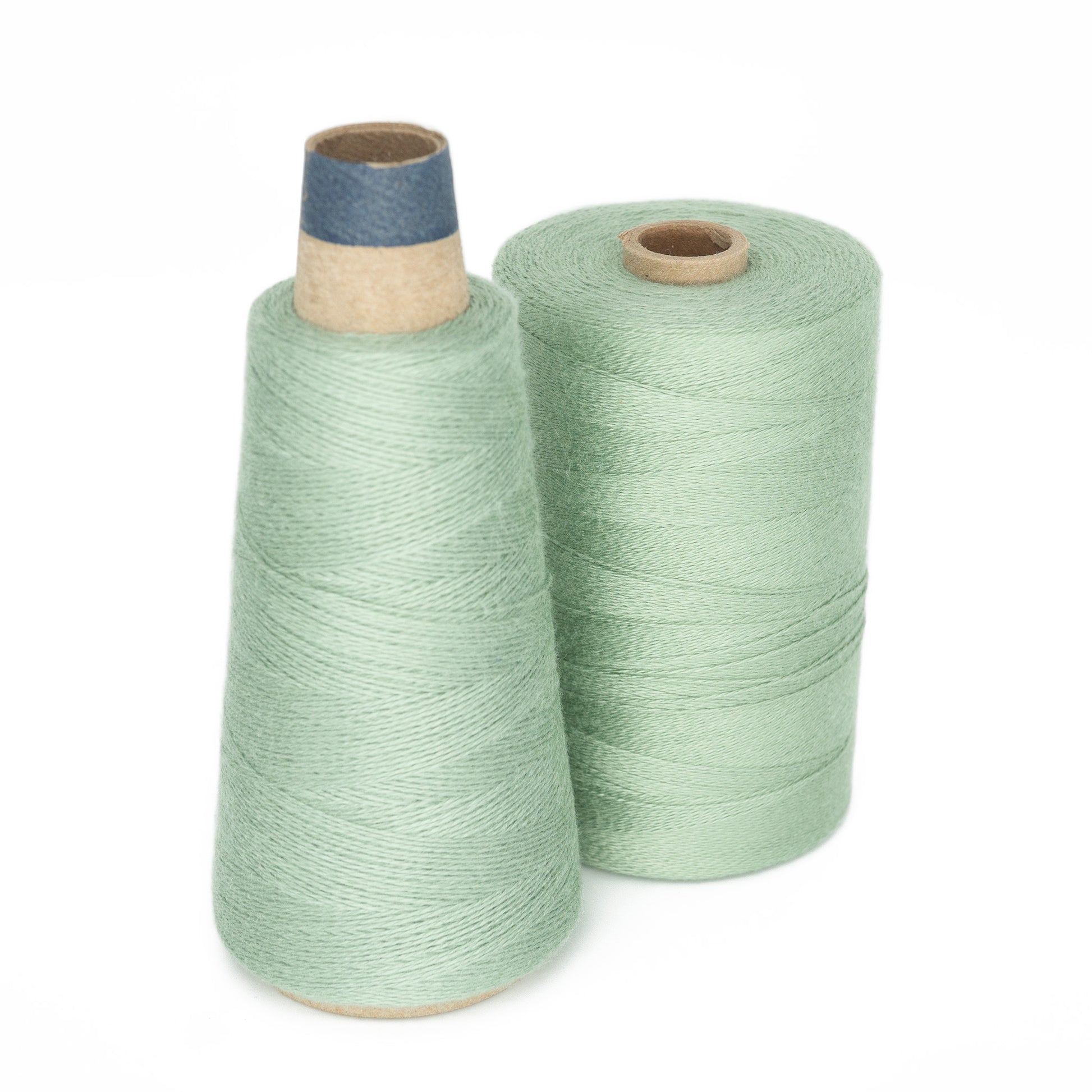 Two spools of Maurice Brassard's 8/2 Bamboo Yarn in light green, an environmentally friendly choice, are placed side by side on a white background. The spool on the left is cone-shaped with a blue and brown tip, while the spool on the right is cylindrical. Both spools are wound tightly with thread.