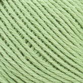 Close-up of a light green ball of Brown Sheep's Cotton Fleece yarn with tightly wound strands. The texture of the yarn is visible, showcasing the intertwined fibers, perfect for soft pastels in knitting patterns.