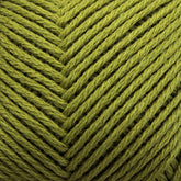 Close-up image of tightly coiled green Cotton Fine yarn by Brown Sheep. The yarn is neatly wound in a ball, with the strands forming a repeating, chevron-like pattern. The texture of the weaving Cotton Fine yarn looks soft and smooth, making it suitable for knitting or crocheting projects.