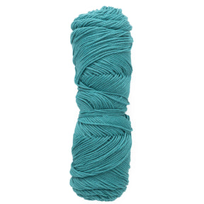 A tightly coiled skein of teal Cotton Fleece knitting yarn from Brown Sheep is neatly arranged against a plain white background. The yarn, ideal for DK knitting patterns, appears thick and textured, rolled in a cylindrical shape.