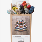 A knitting kit featuring Woolstok yarn bursts with vibrant skeins protruding from its cardboard package. The label, showcasing a finished striped hat, proudly reads "Blue Sky Fibers 21 Colors Slouch Hat Kit," perfect for crafting cozy slouch hats or a knitted mitt pattern.