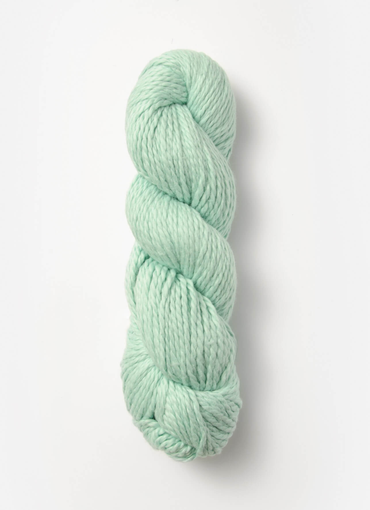 A skein of Blue Sky Fibers Organic Cotton Worsted yarn in mint green is coiled neatly against a plain white background. This yarn appears soft and thick, making it an excellent choice for knitting or crocheting projects, especially adorable baby knits.