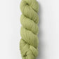 A neatly coiled skein of Blue Sky Fibers Organic Cotton Worsted in light green is positioned against a plain white background. The texture of the worsted weight yarn appears soft and slightly chunky, suitable for baby knits or other knitting and crocheting projects.