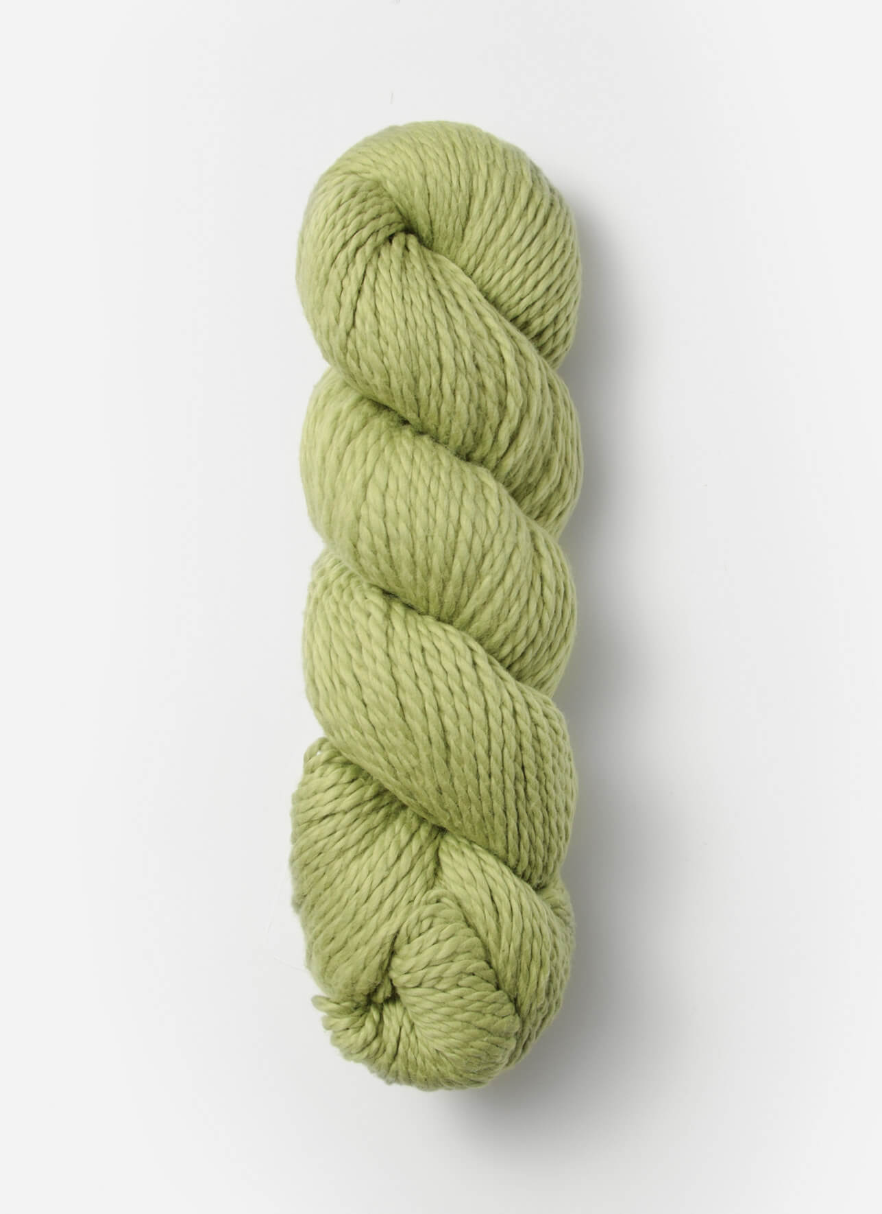 A neatly coiled skein of Blue Sky Fibers Organic Cotton Worsted in light green is positioned against a plain white background. The texture of the worsted weight yarn appears soft and slightly chunky, suitable for baby knits or other knitting and crocheting projects.