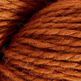 A close-up image of thick strands of rust-colored Cascade Eco and Cascade Eco Plus Wool Yarn by Cascade Yarns. The yarn has a slightly fuzzy texture, with fibers sticking out throughout the tightly wound strands.