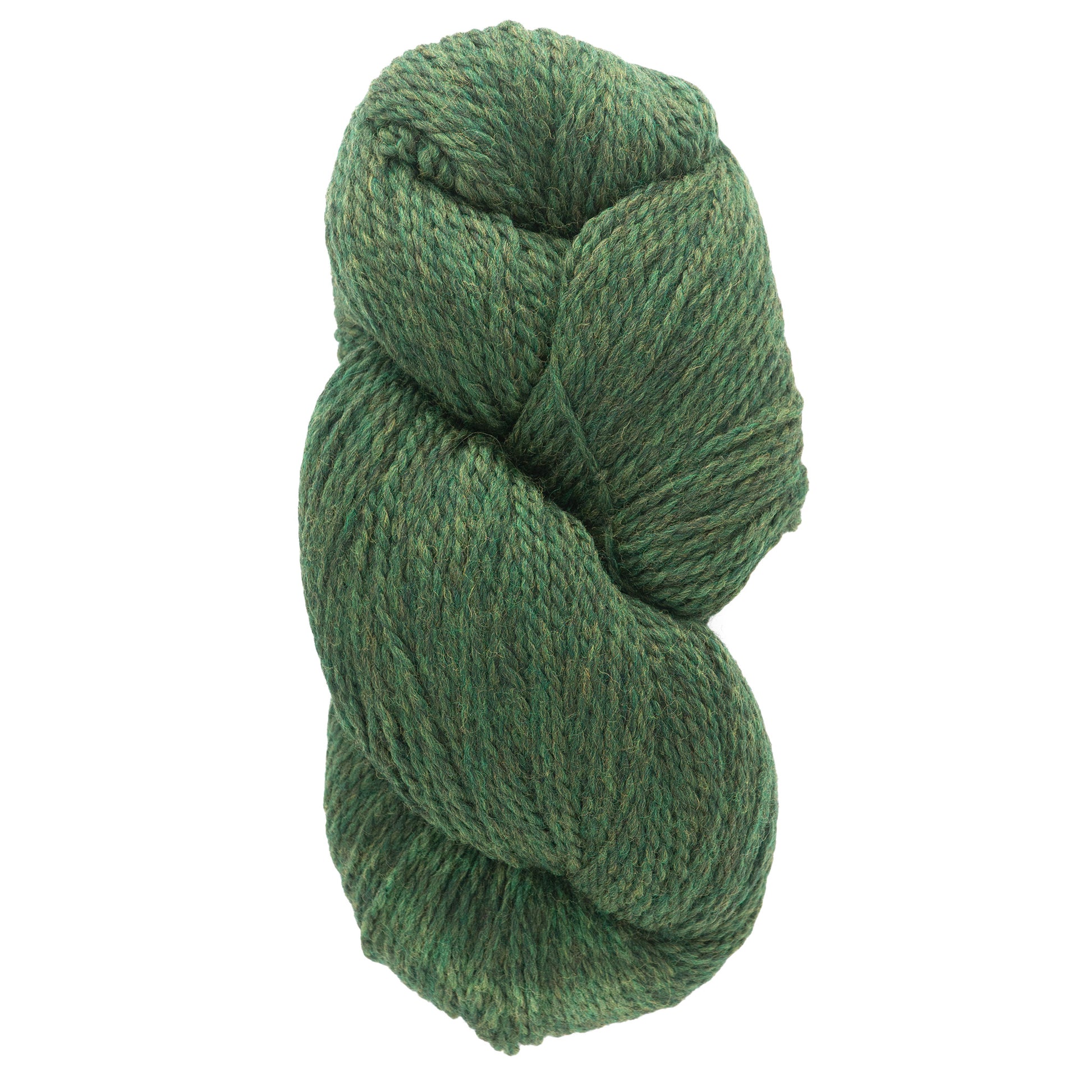 A skein of Cascade Eco and Cascade Eco Plus Wool Yarn from Cascade Yarns, featuring a thick, green texture made from Peruvian Highland wool, is showcased against a white background. The yarn has a textured look with interwoven strands in subtly varied shades of green, ideal for any weaving project.