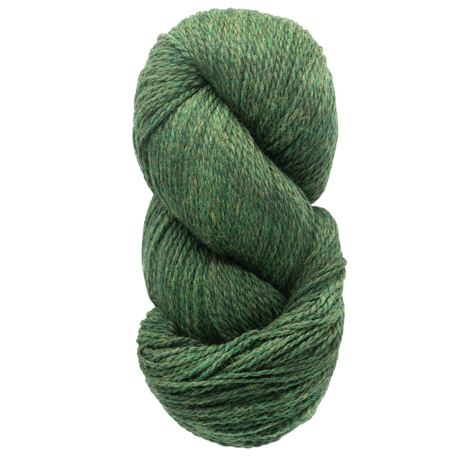 A large skein of Cascade Eco and Cascade Eco Plus Wool Yarn by Cascade Yarns, made from eco-friendly Peruvian Highland wool, tightly wound into an oval shape. It features a blend of darker and lighter green hues, with a thick and soft texture perfect for knitting or crocheting projects.