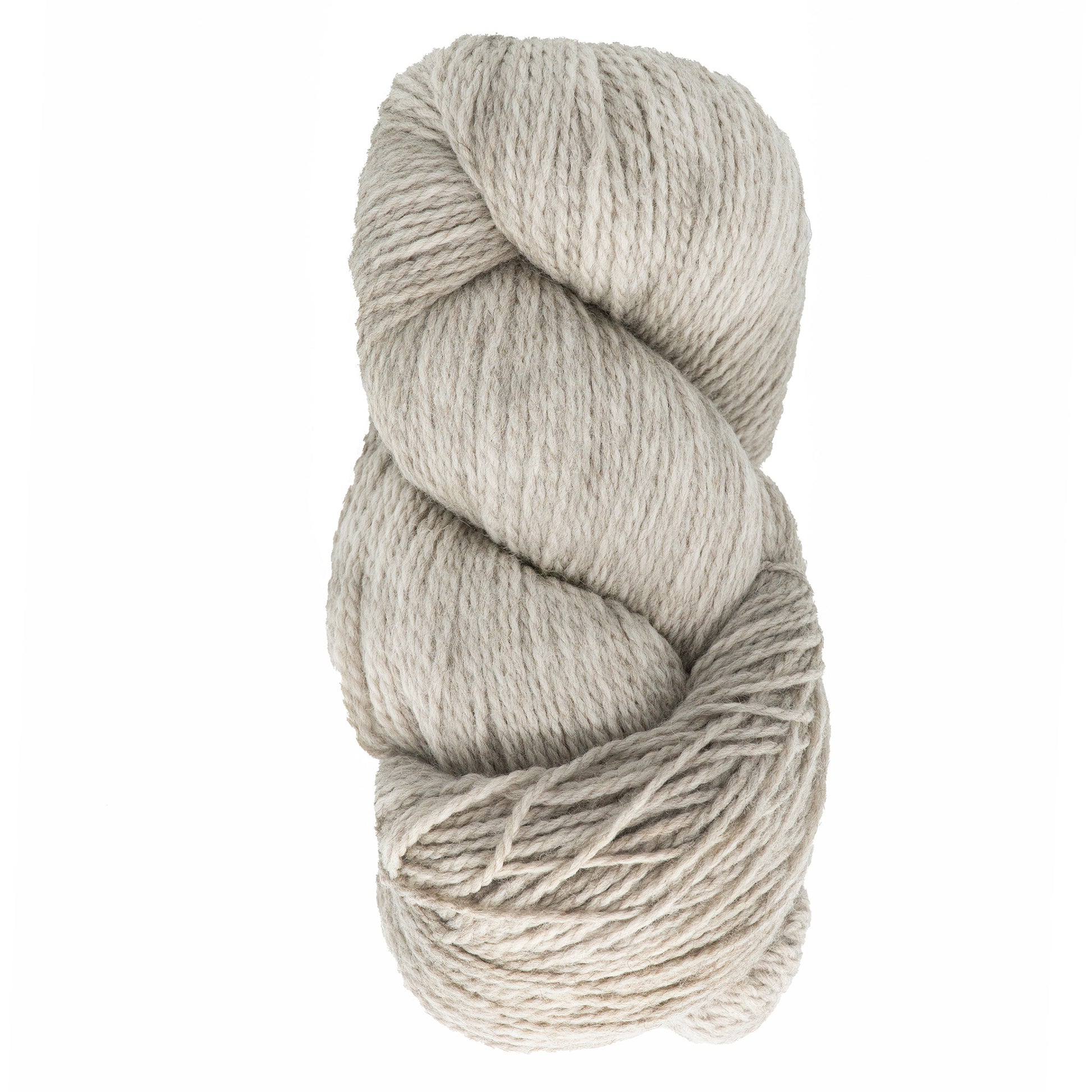 A twisted skein of Cascade Eco and Cascade Eco Plus Wool Yarn, an eco-friendly choice from Cascade Yarns in light gray, is beautifully displayed on a white background, ideal for felted knitting.