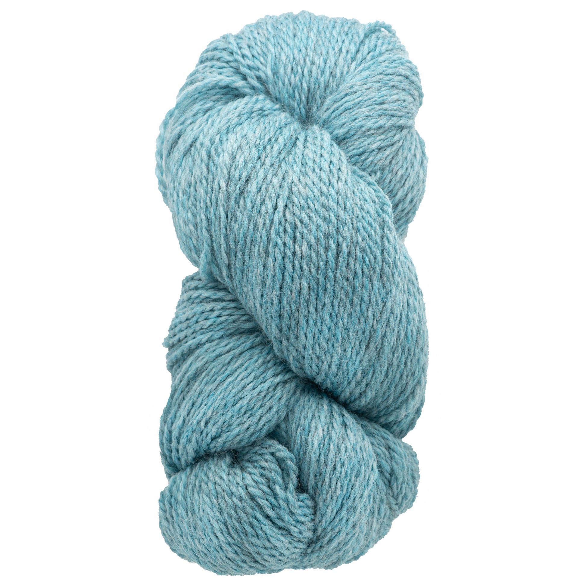 A skein of Cascade Eco and Cascade Eco Plus Wool Yarn from Cascade Yarns in light blue, crafted from eco-friendly Peruvian Highland wool, is twisted into a bundle. The texture appears soft and slightly fluffy, showcasing a tightly woven, thick fiber that's perfect for felted knitting projects.