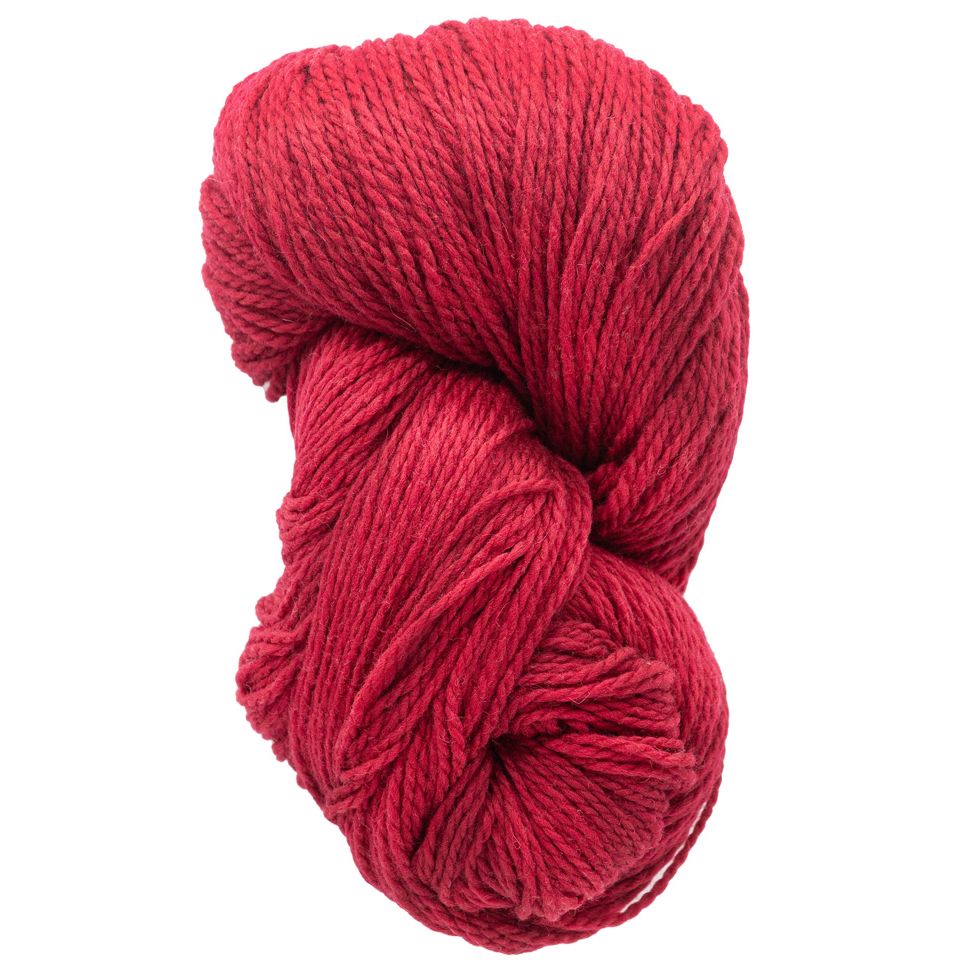 A large skein of Cascade Eco and Cascade Eco Plus Wool Yarn by Cascade Yarns, in a bright red hue, is coiled on a white background, highlighting its soft texture and rich color. Ideal for felted knitting projects, this eco-friendly yarn adds a vibrant touch to any creation.