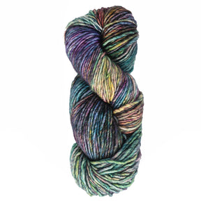 A skein of Malabrigo Mecha yarn by Malabrigo Yarn, featuring vivid hues of purple, green, blue, and yellow, is intricately twisted together against a white background. This kettle-dyed superwash bulky yarn is perfect for adding a burst of color to any project.