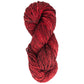 A skein of vibrant red Malabrigo Mecha from Malabrigo Yarn, featuring dark accents and twisted into a neat coil. This kettle-dyed, superwash bulky yarn boasts a slightly glossy texture that highlights its rich hues.