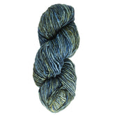 A tightly wound skein of Malabrigo Mecha, a superwash bulky yarn by Malabrigo Yarn, featuring kettle-dyed shades of blue and green and displayed against a plain white background.